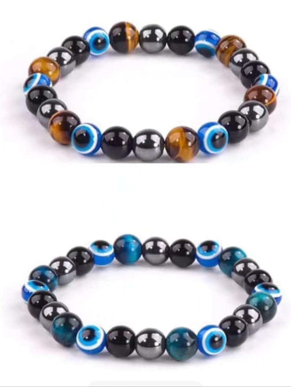 Evil Eye Beaded Stretch Bracelet in Black, Blue & Brown